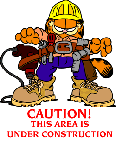 Garfield in construction gear with the text "CAUTION! THIS AREA IS UNDER CONSTRUCTION"